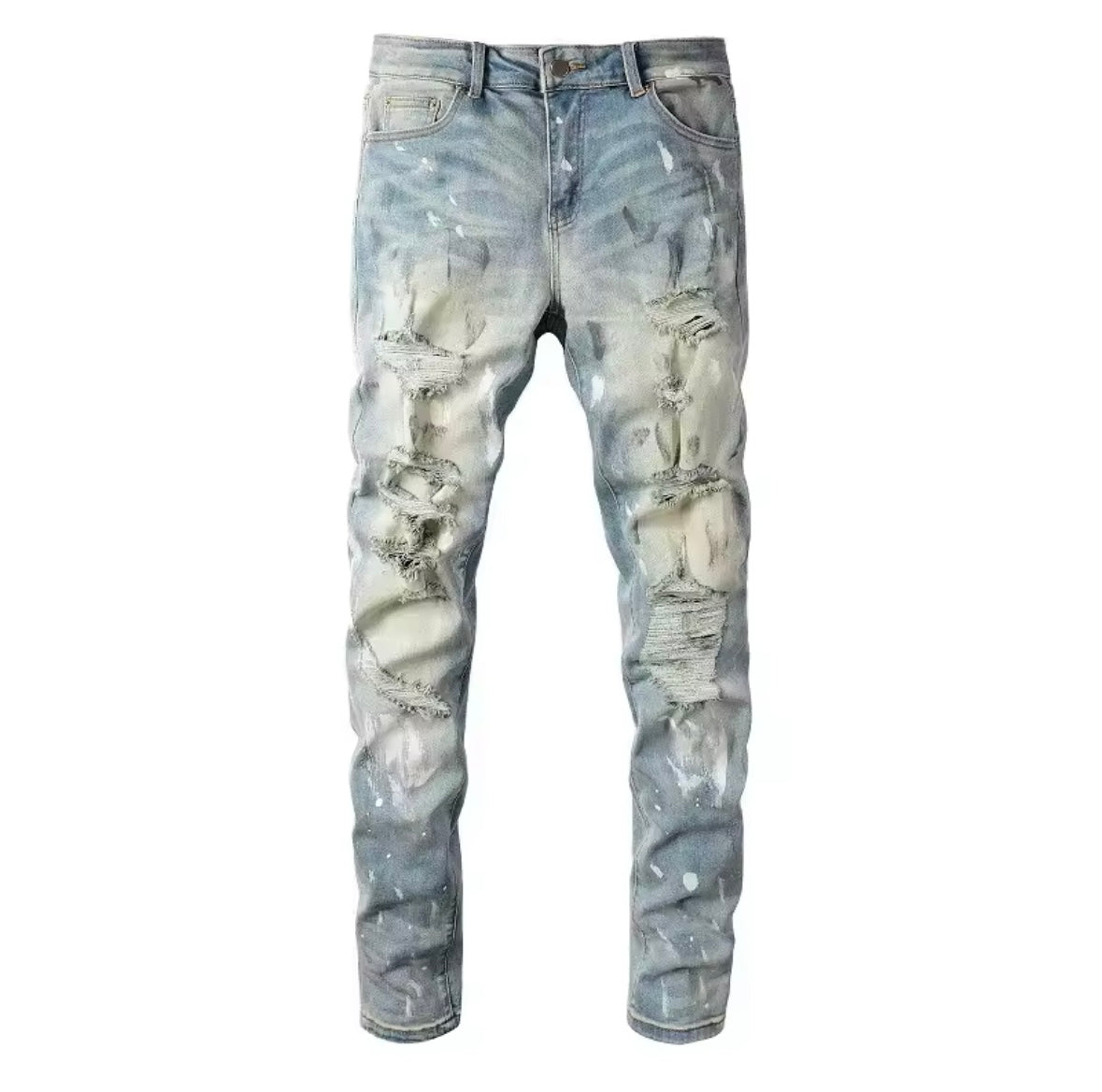 Distressed Slim-Fit Jeans – Light Wash with Paint Splatter Detail