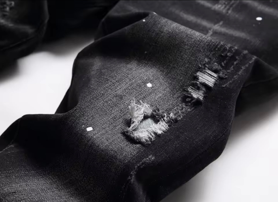 Black Distressed Slim Fit Jeans with Splatter Details