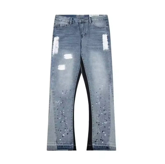 Distressed Paint-Splatter Flared Jeans