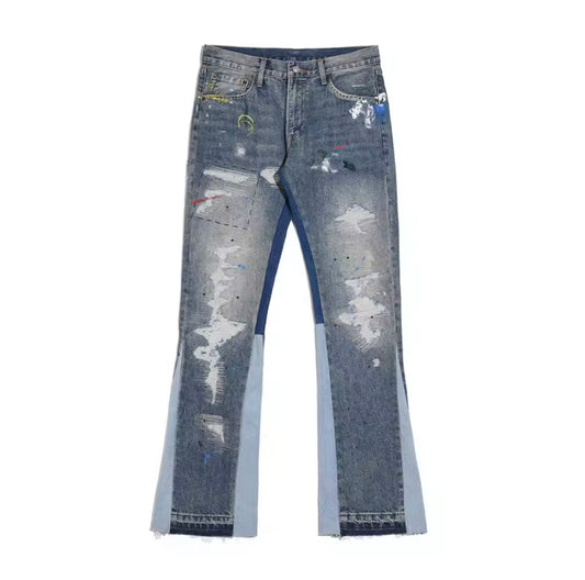 Art-Distressed Patchwork Flared Jeans