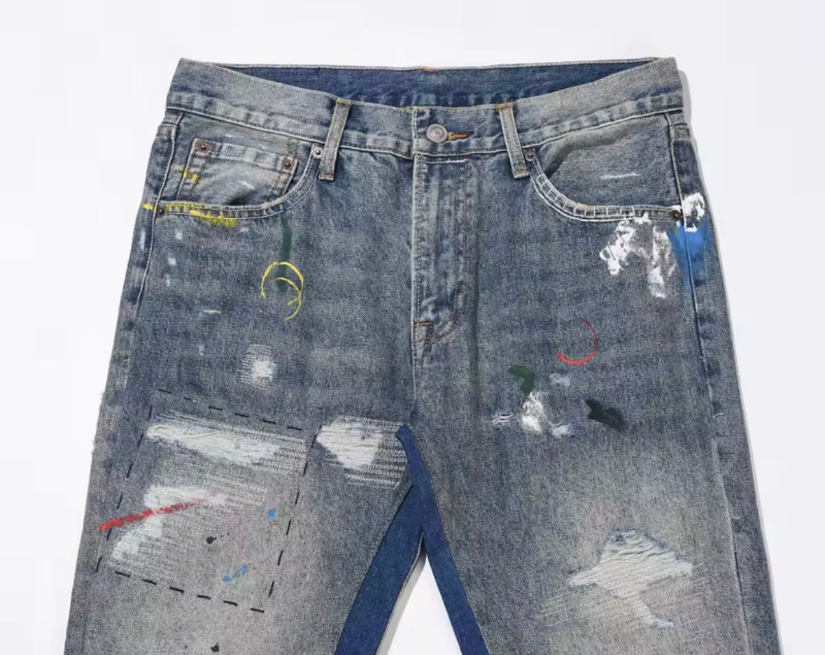 Art-Distressed Patchwork Flared Jeans
