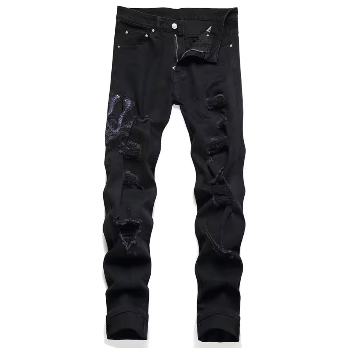 Black Distressed Slim Fit Jeans with Snake Patch Detail