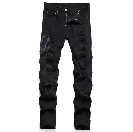 Black Distressed Slim Fit Jeans with Snake Patch Detail
