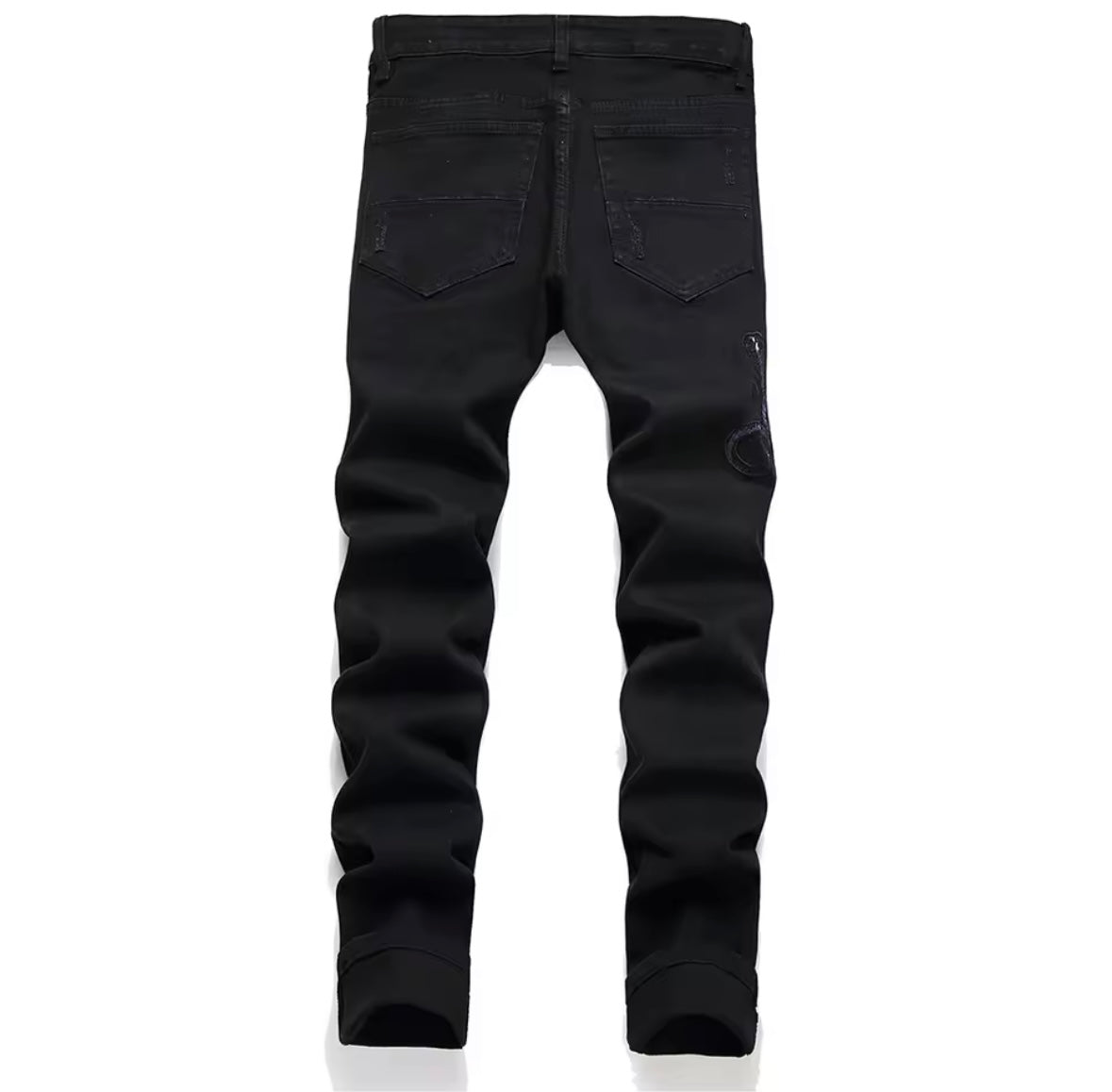 Black Distressed Slim Fit Jeans with Snake Patch Detail