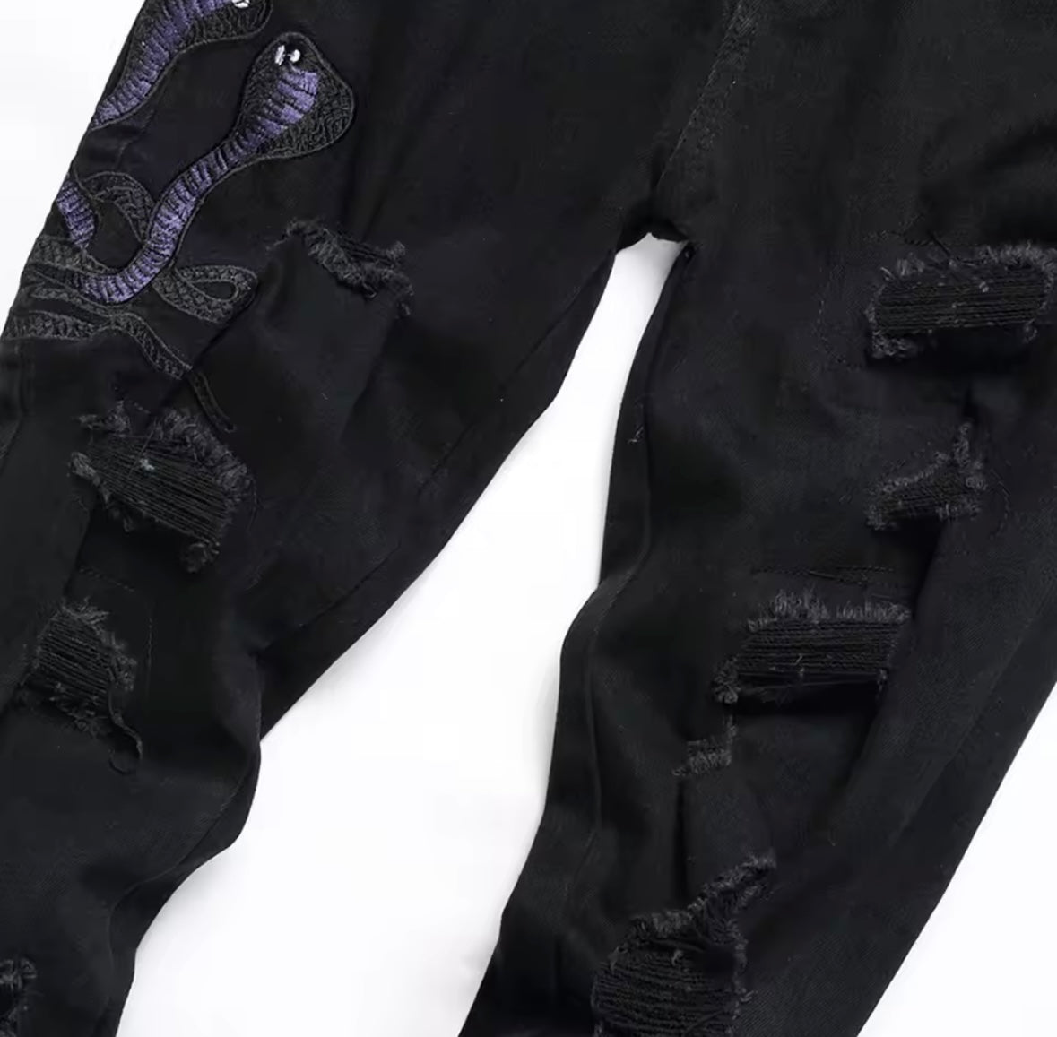 Black Distressed Slim Fit Jeans with Snake Patch Detail