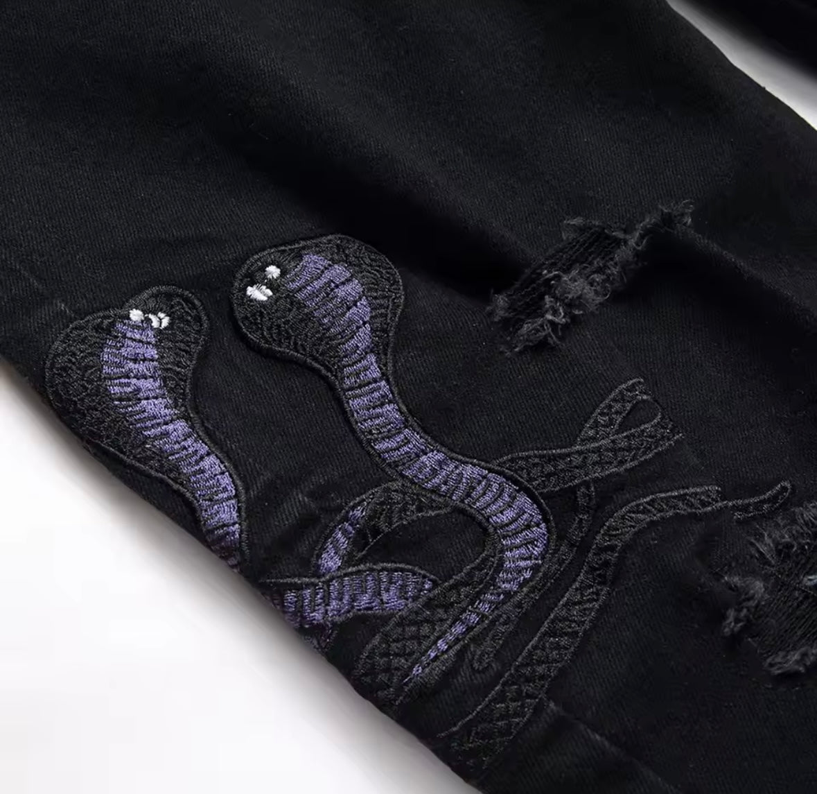 Black Distressed Slim Fit Jeans with Snake Patch Detail