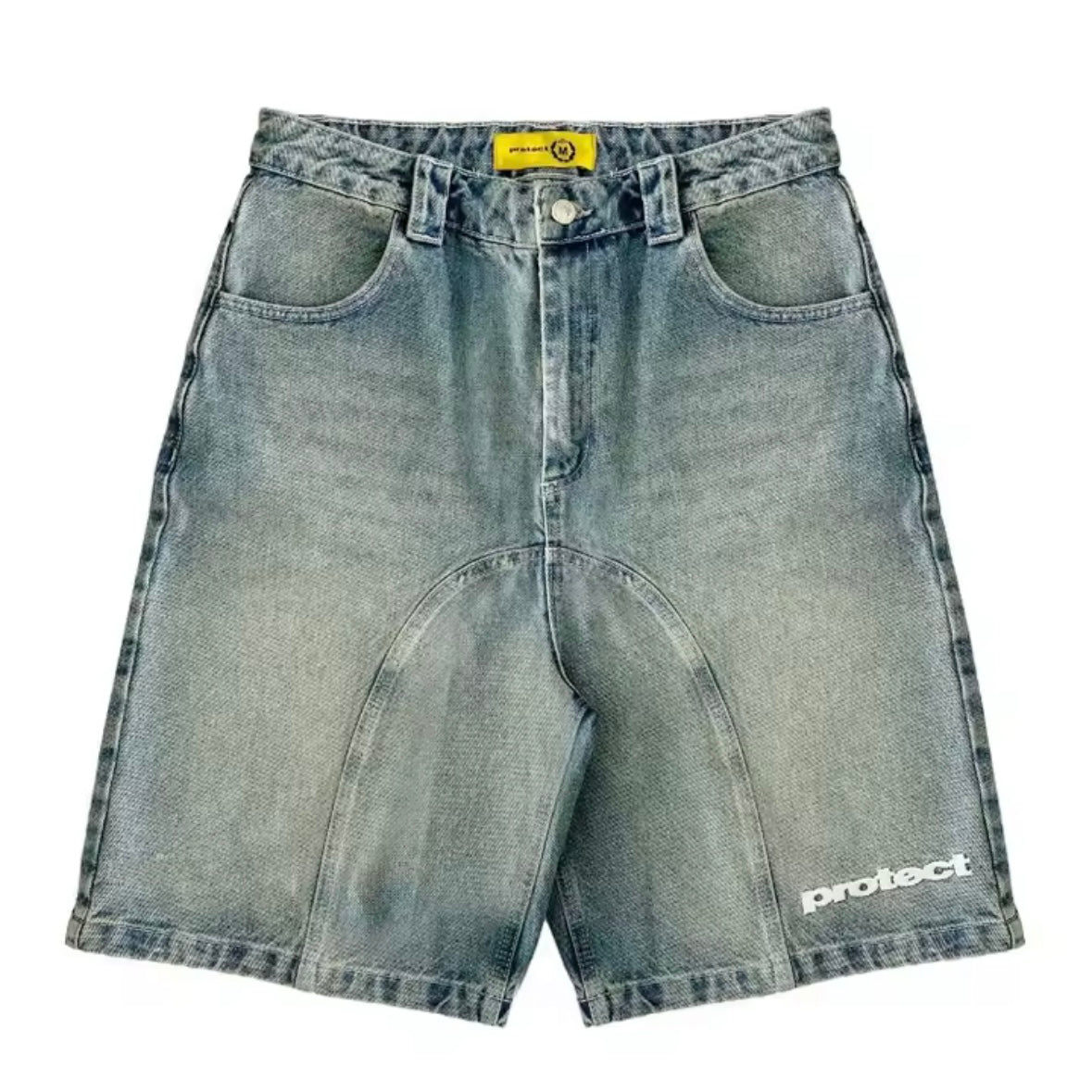 “Protect” Washed Denim Utility Shorts