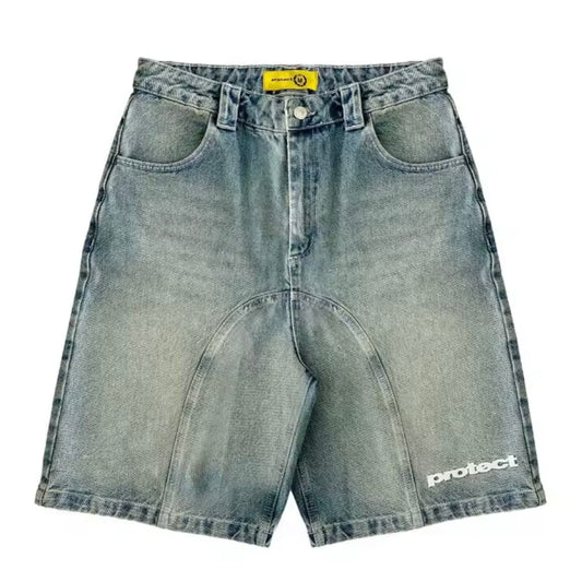 “Protect” Washed Denim Utility Shorts