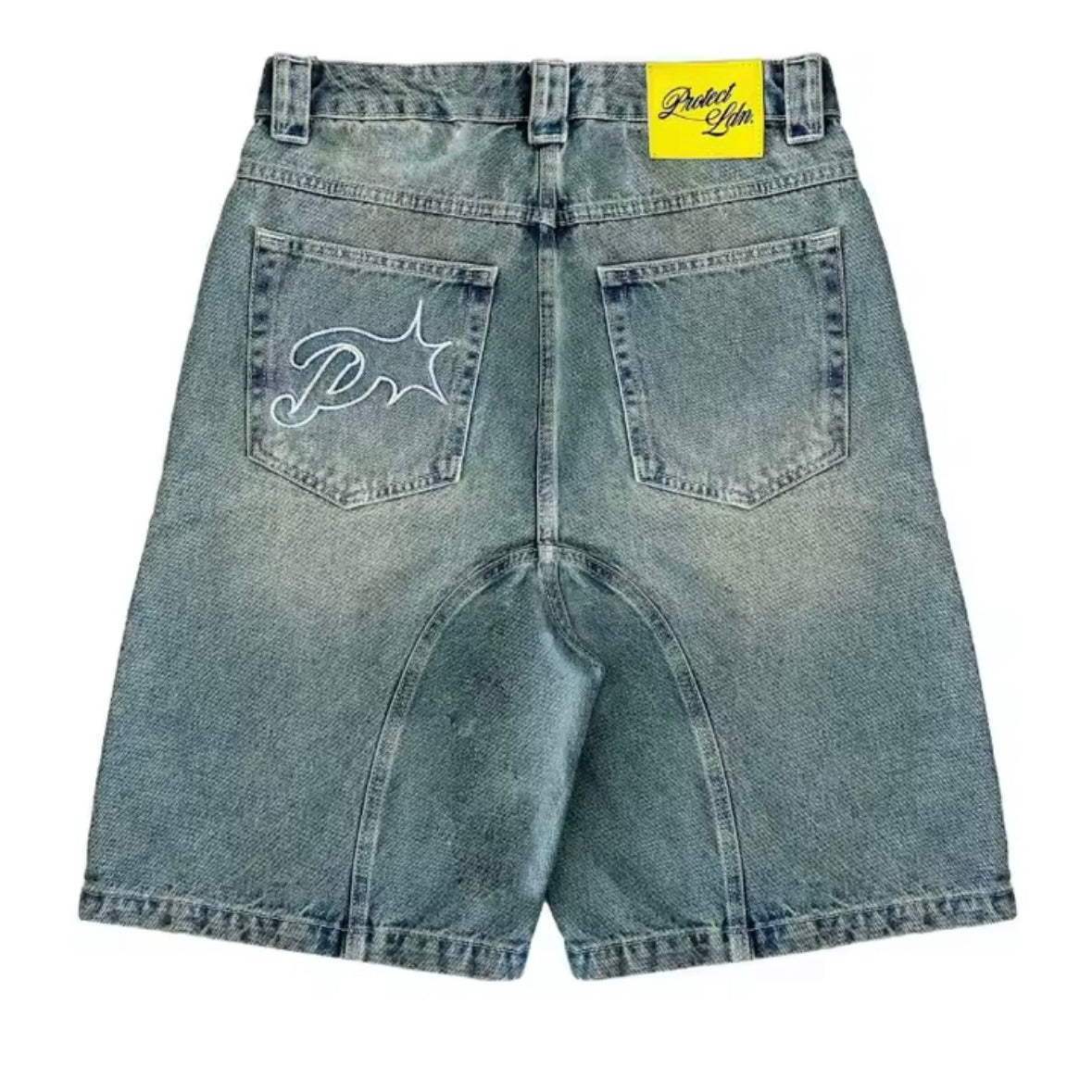 “Protect” Washed Denim Utility Shorts
