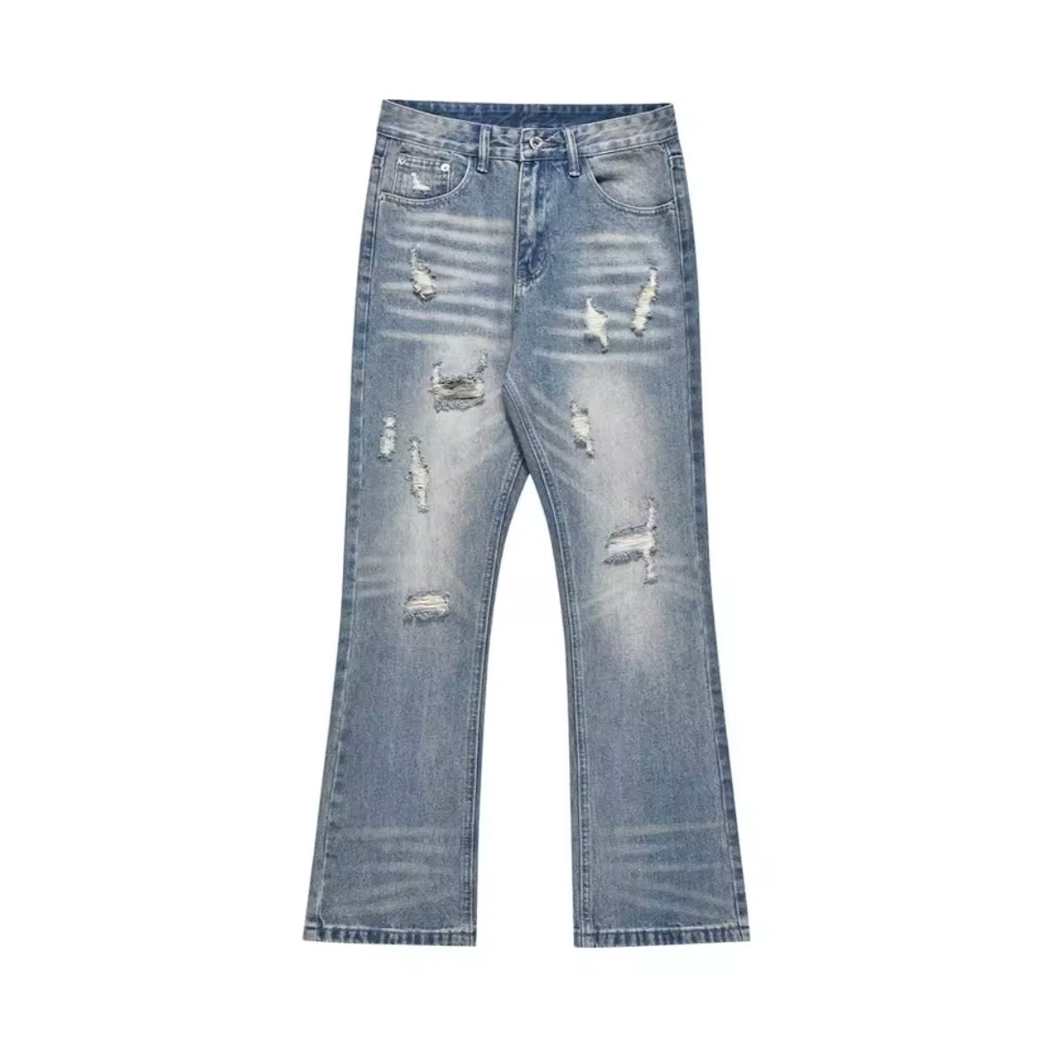 Vintage Wash Distressed Flared Jeans
