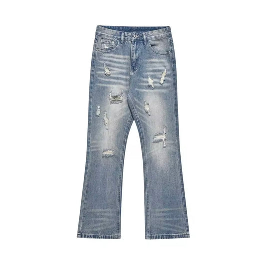 Vintage Wash Distressed Flared Jeans