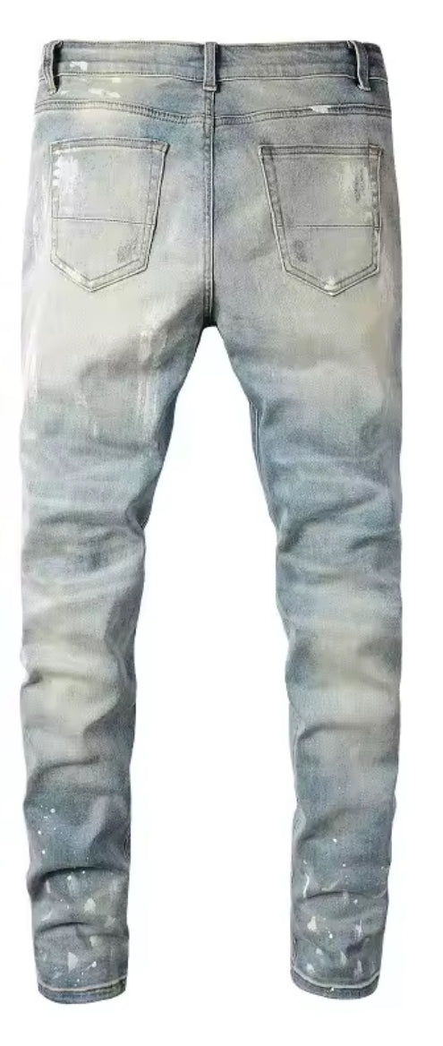 Distressed Slim-Fit Jeans – Light Wash with Paint Splatter Detail