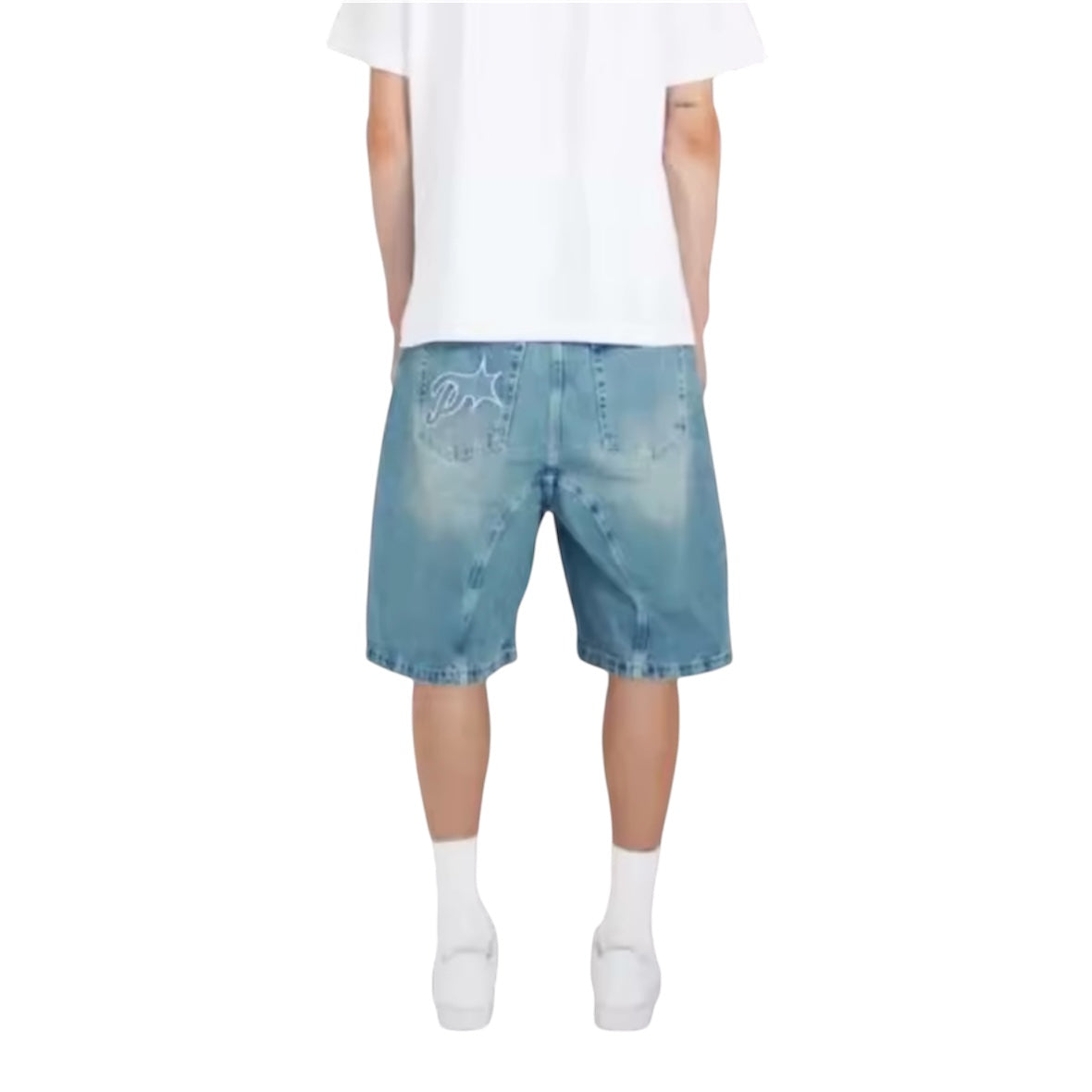 “Protect” Washed Denim Utility Shorts