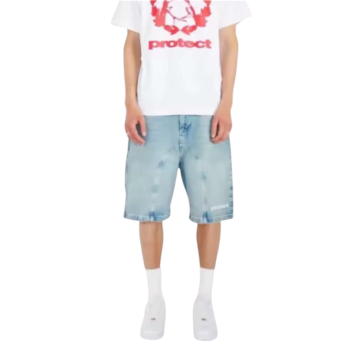 “Protect” Washed Denim Utility Shorts